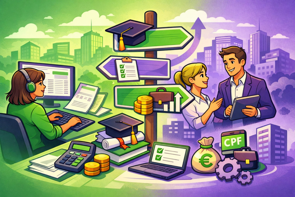 Illustration cartoon représentant le parcours pour devenir gestionnaire de paie : formation, bulletins de salaire, logiciels de paie et évolution professionnelle.