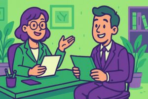 Image en style cartoon qui illustrer un gestionnaire de paie qui passe un entretien d'embauche pour obtenir son premier poste de gestionnaire de paie.