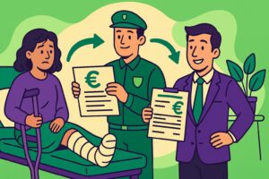 Illustration cartoon sur la subrogation des IJSS montrant une salariée blessée, un agent de la sécurité sociale transmettant des documents, et un employeur recevant les indemnités dans un processus de subrogation.