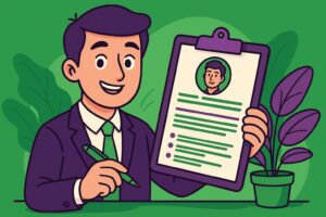 Illustration cartoon d’un jeune homme souriant présentant un bon CV sur une planchette, dans un décor aux tons verts et violets, symbolisant la réussite professionnelle.