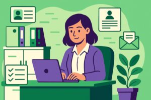 Illustration cartoon représentant une gestionnaire en train de travailler sur un ordinateur dans un bureau, symbolisant les tâches liées à l’administration du personnel.