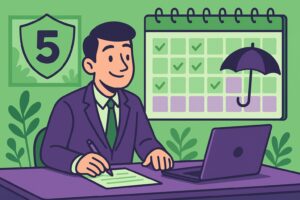 Illustration cartoon représentant un salarié en train de gérer un calendrier, symbolisant l’acquisition des jours de congés payés, avec des éléments visuels comme un bouclier affichant "5", un parapluie et des cases cochées.