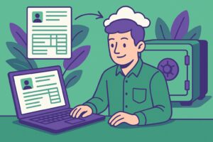 Illustration cartoon d’un salarié consultant ses bulletins de paie dématérialisés sur un ordinateur, avec un coffre fort numérique en arrière-plan symbolisant la sécurité des données.