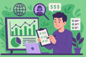 Illustration cartoon représentant un professionnel en train de faire une étude de marché gestionnaire de paie, entouré de graphiques, d’un ordinateur et d’une checklist.