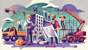 Illustration cartoon de travailleurs sur un chantier pour illustrer la Convention Collective BTP, avec une dominante de vert et de violet.