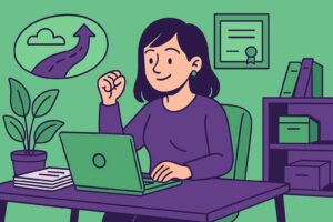 Illustration cartoon représentant une femme travaillant à domicile sur un ordinateur, symbolisant le choix de devenir gestionnaire de paie indépendant