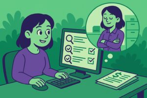 Illustration cartoon d’une candidate débutante en recherche d’un emploi gestionnaire de paie, montrée devant son ordinateur, entourée d’éléments liés à la paie.