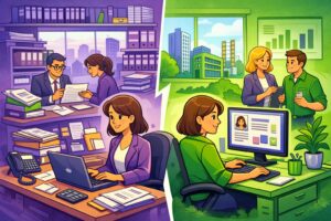Illustration cartoon comparant la paie en entreprise vs cabinet avec un environnement de travail structuré face à un cabinet multi-clients.