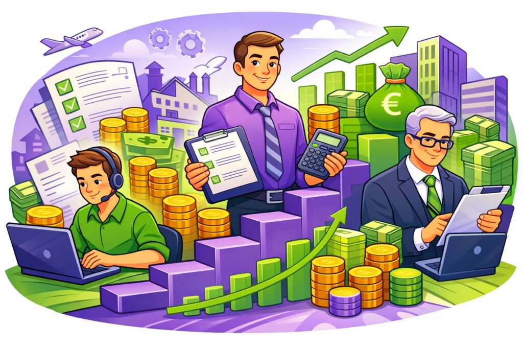 Illustration cartoon représentant l’évolution du salaire d’un gestionnaire de paie du niveau débutant à expert avec progression des revenus et responsabilités