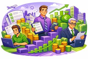 Illustration cartoon représentant l’évolution du salaire d’un gestionnaire de paie du niveau débutant à expert avec progression des revenus et responsabilités