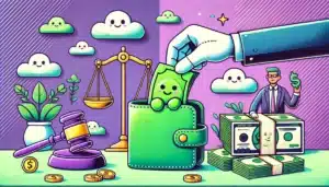 Illustration cartoon colorée représentant le calcul de la saisie sur salaire, avec une balance de justice en arrière-plan, un portefeuille d'où de l'argent est extrait, et des éléments verts et violets symbolisant un cadre professionnel et financier.