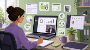 Illustration d’une formation gestionnaire de paie à distance avec une apprenante travaillant sur un logiciel de paie en ligne, des bulletins, des tableaux de bord et un accompagnement à distance.