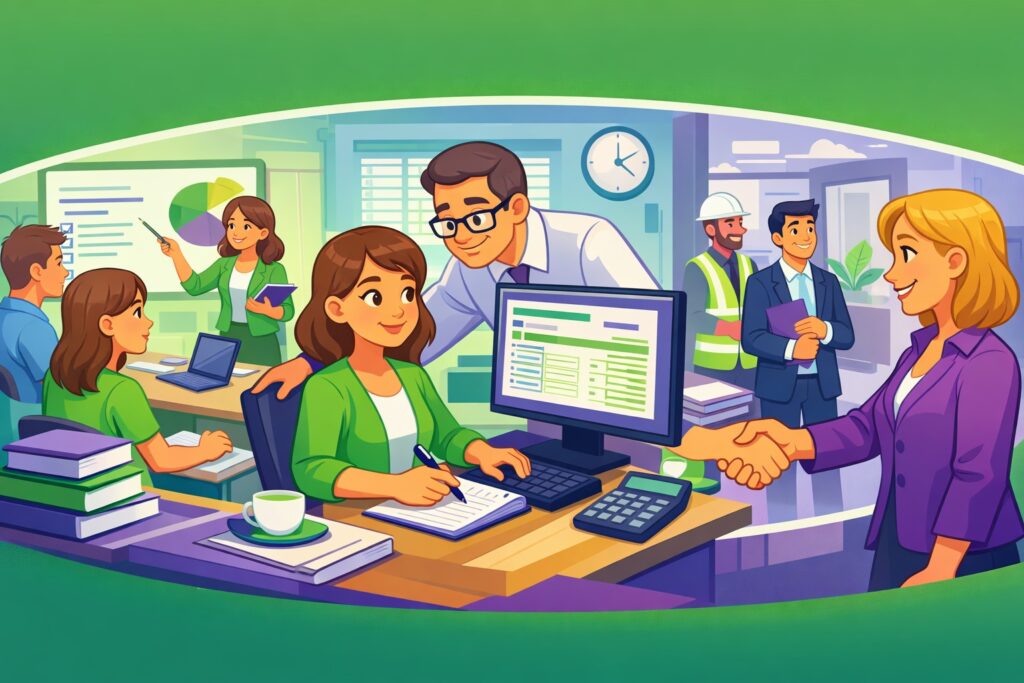 Illustration cartoon d’une formation paie en alternance avec une apprenante en cours et en entreprise, dans un univers vert et violet.