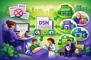 Illustration expliquant à quoi sert la DSN : transmission des données de paie vers l’Urssaf, la CPAM, la retraite et France Travail