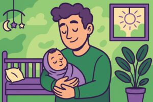 Illustration cartoon d’un père tenant son bébé dans une chambre, symbolisant le congé paternité et le lien parent-enfant dans un environnement chaleureux aux couleurs vertes et violettes.