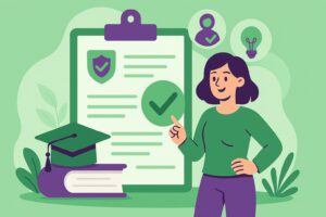 Illustration cartoon représentant une femme devant un tableau avec des éléments symbolisant la formation, utilisée pour illustrer le Compte Personnel de Formation (CPF).