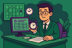 Illustration cartoon d’un salarié au bureau, manipulant une horloge et des documents, représentant le calcul des heures supplémentaires structurelles en paie.
