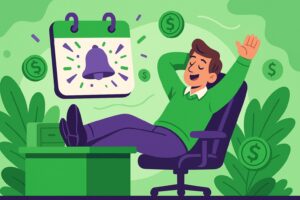 Illustration cartoon d’un salarié détendu à son bureau, symbolisant le concept "payer jours fériés", avec un calendrier et des pièces de monnaie flottantes.