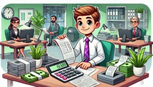 Illustration cartoon d'un gestionnaire de paie utilisant une calculatrice pour l'aide au paiement des cotisations sociales. L'image met en avant un bureau organisé avec des documents financiers, un ordinateur et des couleurs dominantes vert et violet.