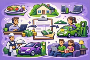 Illustration en style cartoon représentant l’avantage en nature en entreprise : repas, logement, véhicule électrique et outils numériques intégrés à la rémunération.