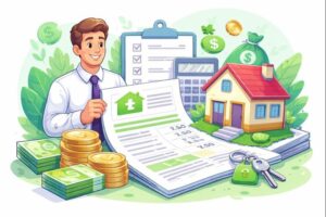 Illustration cartoon représentant le calcul de l’avantage en nature logement 2026 sur la fiche de paie, avec logement et éléments de paie.