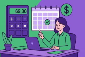 Illustration en mode cartoon d’une gestionnaire de paie effectuant le calcul de l'absence pour congés payés avec un calendrier et une calculatrice.