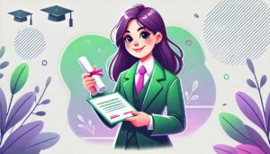 Illustration en style cartoon d'une femme en costume recevant un diplôme, avec des couleurs dominantes vert et violet. L'image représente la réussite et l'accomplissement, illustrant le thème "Comment Obtenir Votre Diplôme Gestionnaire De Paie".