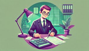 Illustration cartoon d'un homme en costume travaillant à son bureau sur un dossier intitulé "IJ de prévoyance sur la fiche de paie". Il utilise une calculatrice tout en rédigeant des notes, dans un décor de bureau aux couleurs dominantes vert et violet.