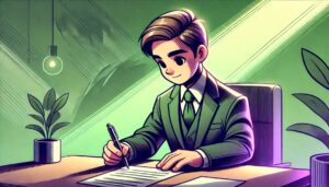 Illustration cartoon d'un homme en costume rédigeant un dossier, représentant une réflexion sur les sujets pour le DP gestionnaire de paie. L'image utilise des couleurs dominantes vert et violet, avec une ambiance professionnelle et appliquée.