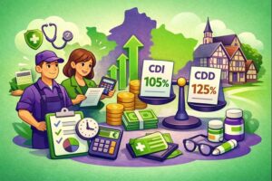 Illustration en style cartoon représentant le versement santé, avec salariés, calcul des montants, aide financière santé et distinction CDI CDD.