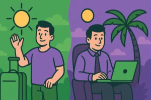 Illustration cartoon représentant la prise des congés payés en deux temps, avec un salarié en vacances et un autre en situation de télétravail, sur des fonds vert et violet.