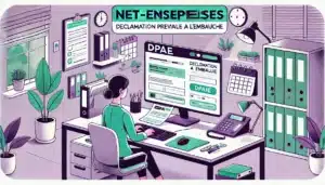 Illustration cartoon d'un employeur utilisant Net-Entreprises pour faire une DPAE, dans un environnement de bureau avec des couleurs vert et violet.