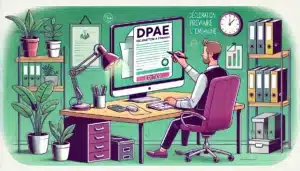 Illustration cartoon d'un employeur modifiant une DPAE en ligne dans un bureau, avec une dominante de couleurs vert et violet.