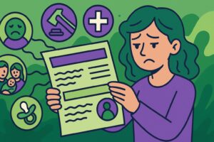 Illustration cartoon d'une femme regardant son bulletin de paie avec inquiétude, entourée d’icônes représentant différents motifs de suspension du contrat de travail comme la maladie, la maternité ou la grève.