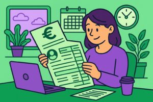 Illustration cartoon d’une fiche de paie d'un salarié à temps partiel, montrant une employée consultant son bulletin.