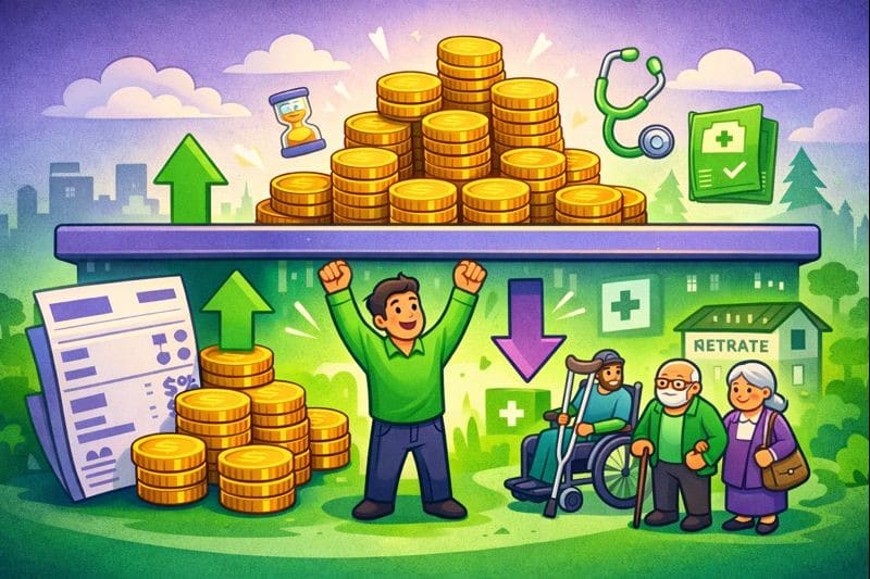 Illustration pédagogique du plafond de la sécurité sociale montrant la limite entre cotisations sociales et prestations comme la retraite, l’invalidité et les IJSS.