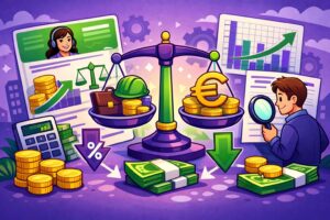 Illustration cartoon expliquant comment calculer salaire minimum conventionnel (SMC) avec grille de salaire, bulletin de paie et vérification du SMIC