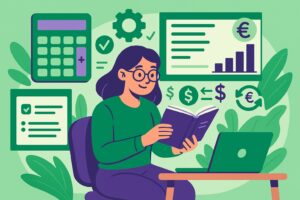 Illustration cartoon d’une femme étudiant à son bureau avec des icônes de paie et de comptabilité autour d’elle, représentant l’importance de bien choisir une formation gestionnaire de paie.