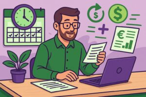 Illustration cartoon d’un homme de bureau analysant des documents et travaillant sur un ordinateur, représentant le processus pour calculer les heures supplémentaires sur une fiche de paie.