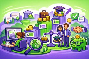 Illustration cartoon en vert et violet montrant combien coûte une formation gestionnaire de paie avec différents niveaux de prix et parcours de formation