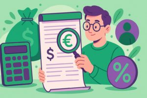 Illustration cartoon représentant un salarié en train de calculer la CSG CRDS sur un bulletin de paie avec une loupe, un calculateur et des symboles financiers.