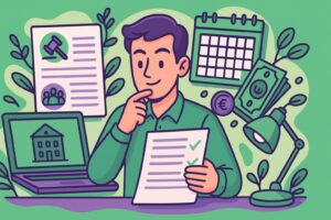 Illustration cartoon représentant un homme analysant un document avec des éléments visuels liés à la paie, idéale pour illustrer un article sur comment vérifier un dossier paie.