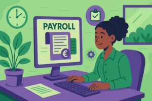 Illustration cartoon d'une professionnelle utilisant un logiciel de paie automatisé pour améliorer le traitement de la paie, dans un bureau aux tons verts et violets.