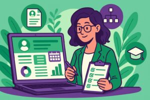 Illustration cartoon montrant une chef d’entreprise utilisant un logiciel RH sur ordinateur, symbolisant les étapes pour Choisir Un SIRH Pour Une TPE, avec des éléments visuels verts et violets représentant la gestion du personnel.