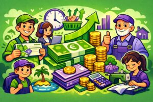 Illustration cartoon en vert et violet représentant le smic en France avec des salariés, des pièces et des billets symbolisant le salaire minimum légal.