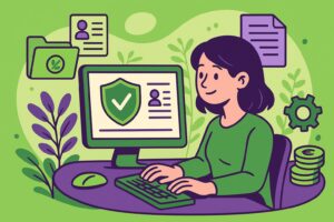 Illustration cartoon représentant une femme utilisant le portail Net-entreprises pour effectuer des déclarations sociales en ligne, entourée d’icônes symbolisant la gestion de la paie et des documents administratifs.