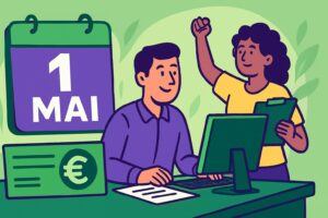 Illustration cartoon représentant le 1er mai férié en gestion de la paie, avec des salariés au travail dans une ambiance colorée en vert et violet.