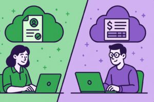 Illustration cartoon des différences Sylae et Silae, représentant à gauche une femme utilisant Sylae pour les contrats aidés et à droite un homme utilisant Silae pour la gestion de la paie, sur fond vert et violet.