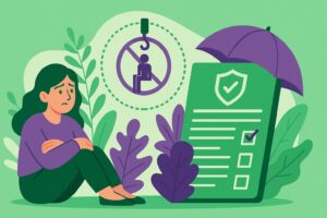 Illustration cartoon représentant une salariée inquiète, un symbole de suspension du contrat de travail, et un document d'assurance sous parapluie violet, pour illustrer le thème "Prévoyance Et Suspension Du Contrat De Travail".