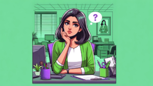 Image en style cartoon, avec pour couleurs dominantes le vert et le violet, illustrant le passage d'une salariée dans les ressources humaines (RH) vers un emploi de gestionnaire de paie.